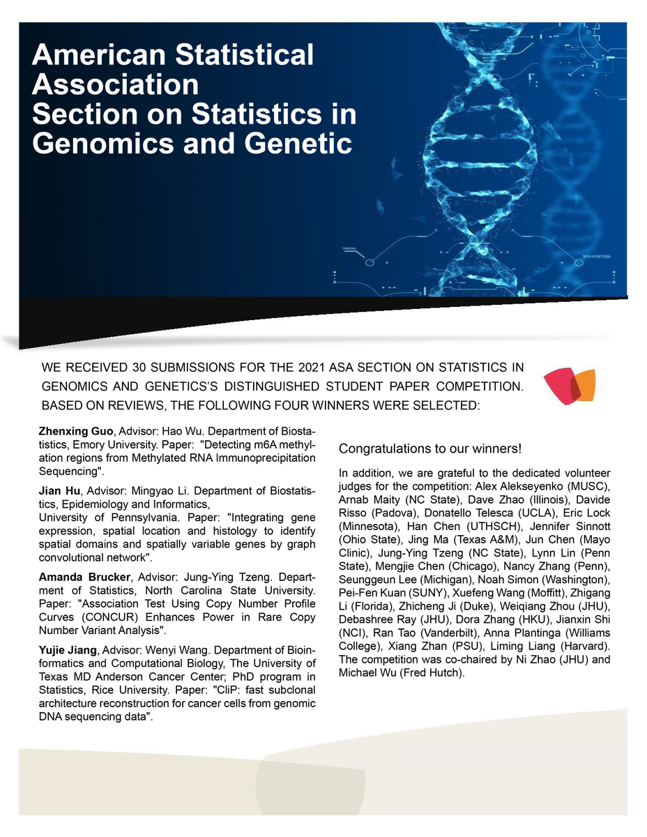 ASA Section on Statistics in Genomics and Genetics (@asa_ssgg) on Twitter photo We are excited to announce our 2021 ASA SSGG best student paper awardees: Zhenxing Guo (advisor: Hao Wu), Jian Hu (advisor: <a href="/DrMingyaoLi/">Mingyao Li</a> ), Amanda Brucker (advisor: Jung-Ying Tzeng), <a href="/yujie_jiang679/">Jeffrey</a> (advisor: <a href="/WenyiWang4/">Wenyi Wang</a> )!!! We are excited to announce our 2021 ASA SSGG best student paper awardees: Zhenxing Guo (advisor: Hao Wu), Jian Hu (advisor: <a href="/DrMingyaoLi/">Mingyao Li</a> ), Amanda Brucker (advisor: Jung-Ying Tzeng), <a href="/yujie_jiang679/">Jeffrey</a> (advisor: <a href="/WenyiWang4/">Wenyi Wang</a> )!!!
