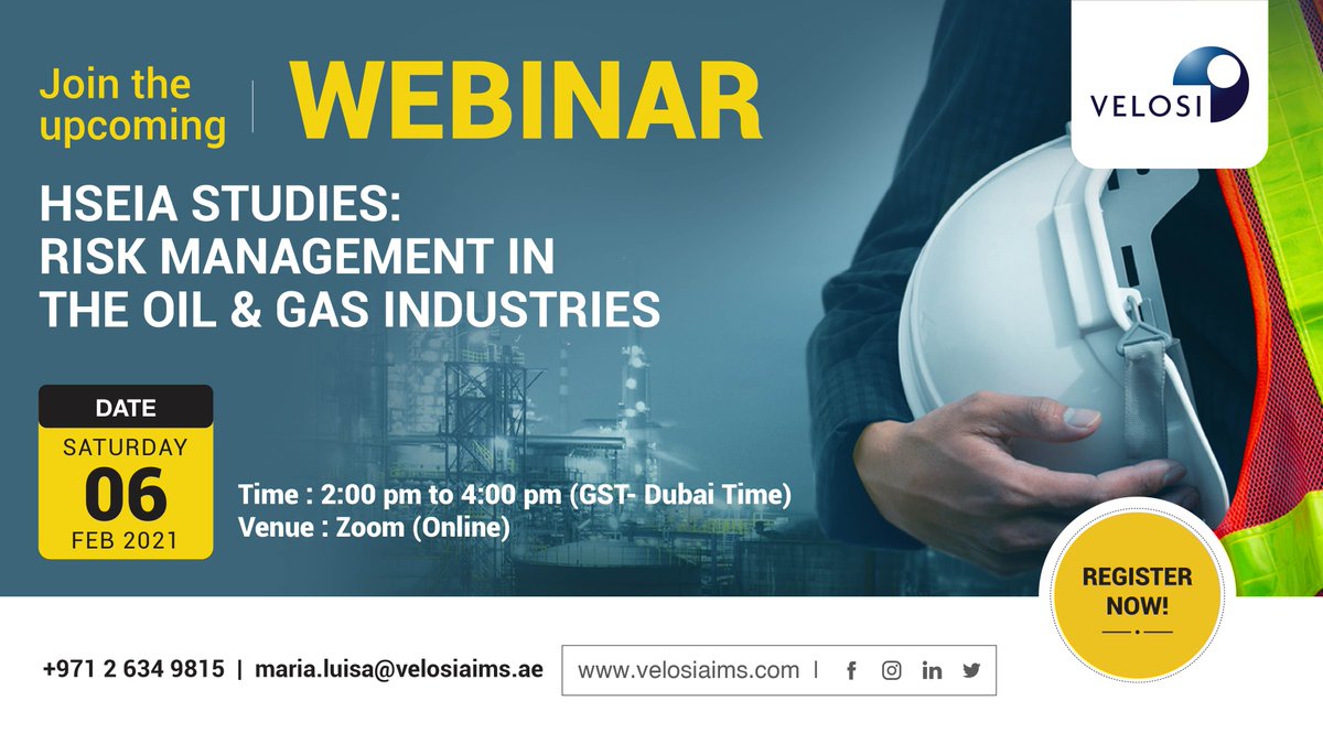 Velosi_Ltd's tweet photo. Velosi is conducting a free webinar on "HSEIA Studies : Risk Management in the Oil & Gas Industries" on Saturday, 6 February 2021 from 2:00 pm to 4:00 pm GST(Dubai Time).
Register now:https://t.co/FZlJ09r2gr
Learn more: https://t.co/fhirwT7SU6
#hseia #velosi #velosiaims #uae https://t.co/7GDxM76T4x