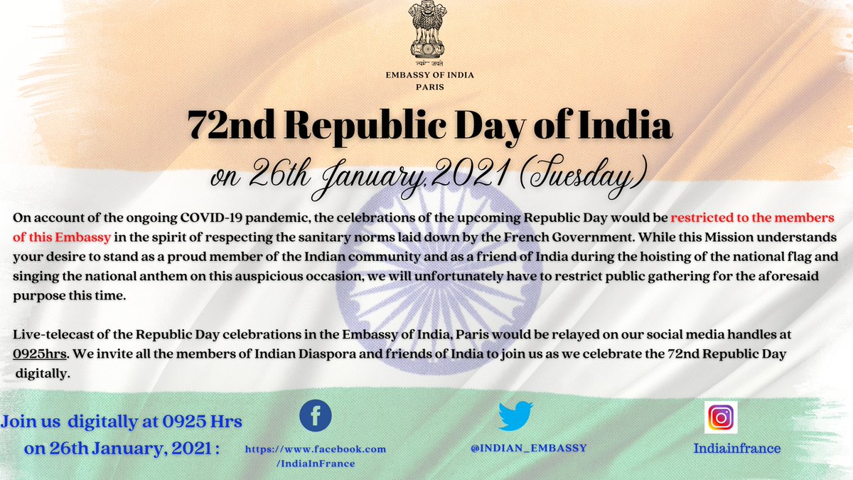 Join us digitally tomorrow at 0925Hrs to celebrate 72nd Republic Day of India! 
Also share your Messages/photos/videos with us by tagging us " <a href="/Indian_Embassy/">Indian Embassy Berlin</a> " 
#RepublicDay #RepublicDayIndia 
<a href="/MEAIndia/">Randhir Jaiswal</a> <a href="/JawedAshraf5/">Jawed Ashraf</a> <a href="/IndianDiplomacy/">Indian Diplomacy</a>