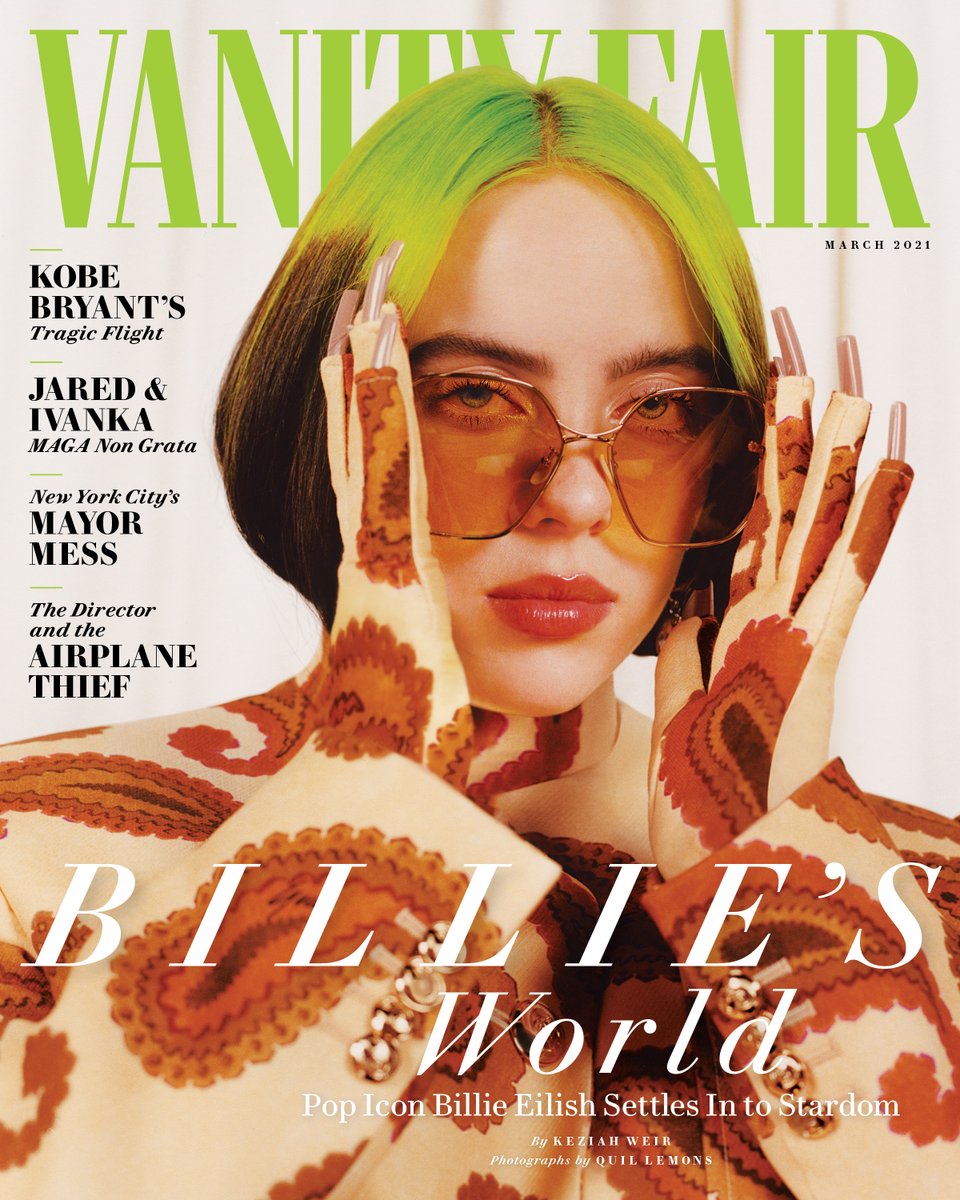 Billie on the cover of <a href="/VanityFair/">VANITY FAIR</a>, shot by @QuilLemons, out now. 
Read the article and learn more about the documentary “Billie Eilish: The World’s A Little Blurry”, out February 26. vanityfair.com/style/2021/01/…