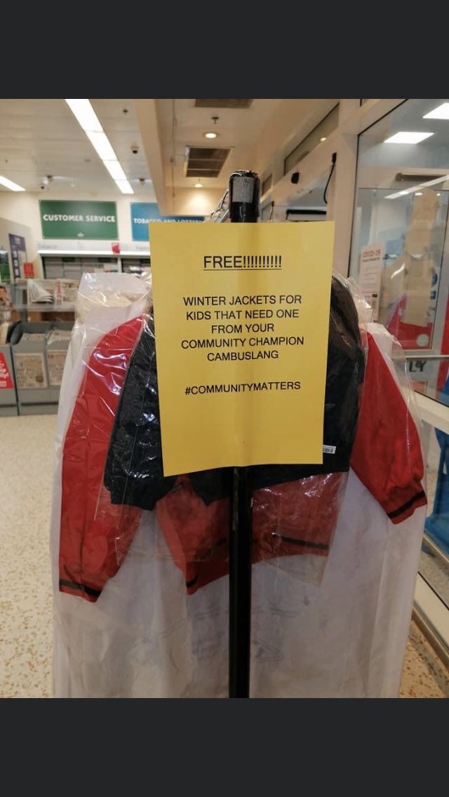 Seansfanclub's tweet photo. Morrisons in Cambuslang G72 have set up a rail of kids jackets free to anyone who needs one. https://t.co/0pKoYHY0BK