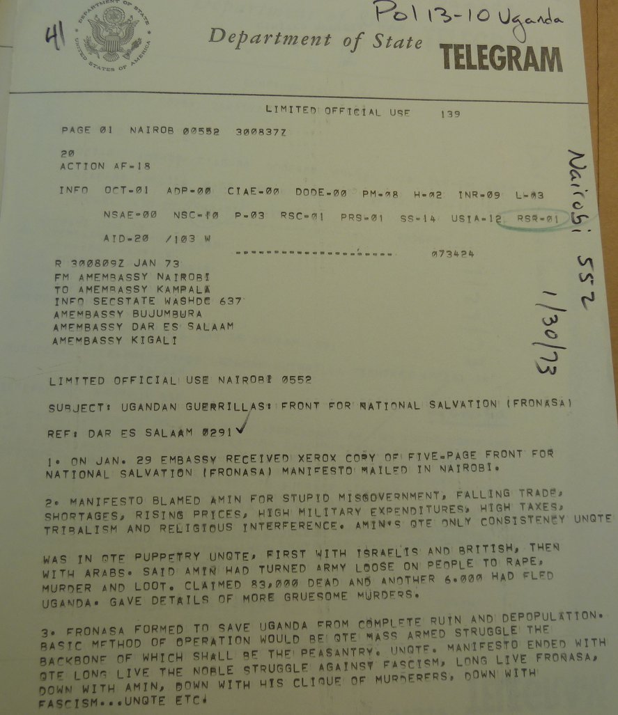 Via  @Unseen_Archive : It's 1973: A 29yr old Museveni forms a rebel grp, FRONASA, faxes its manifesto to the U.S embassy & declares war against Amin. Amin dismisses him as a 'confused agent of foreign interests.' 6 years later, M7 is made Defense Minister in the 1st post Amin govt