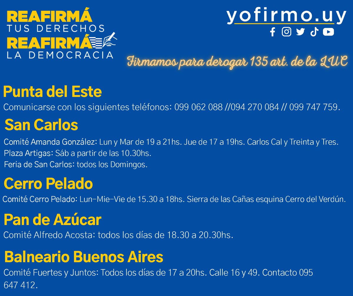 FAMaldonado_'s tweet photo. Actualización horarios!
Firmamos para derogar 135 artículos de la Ley de Urgente Consideración.
#Reafirma
#Defende https://t.co/sFdnRRldGR