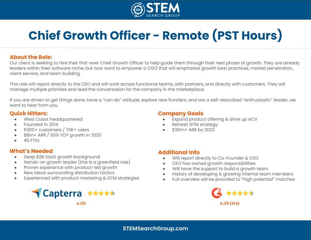 Exclusive #ChiefGrowthOfficer/#CGO role with a #B2B #SaaS shop. If you are a #growthleader that follows a #ProductLedGrowth/#PLG mindset/methodology, let's chat. stemsearchgroup.link/w0b #SaaSCareers #TechCareers