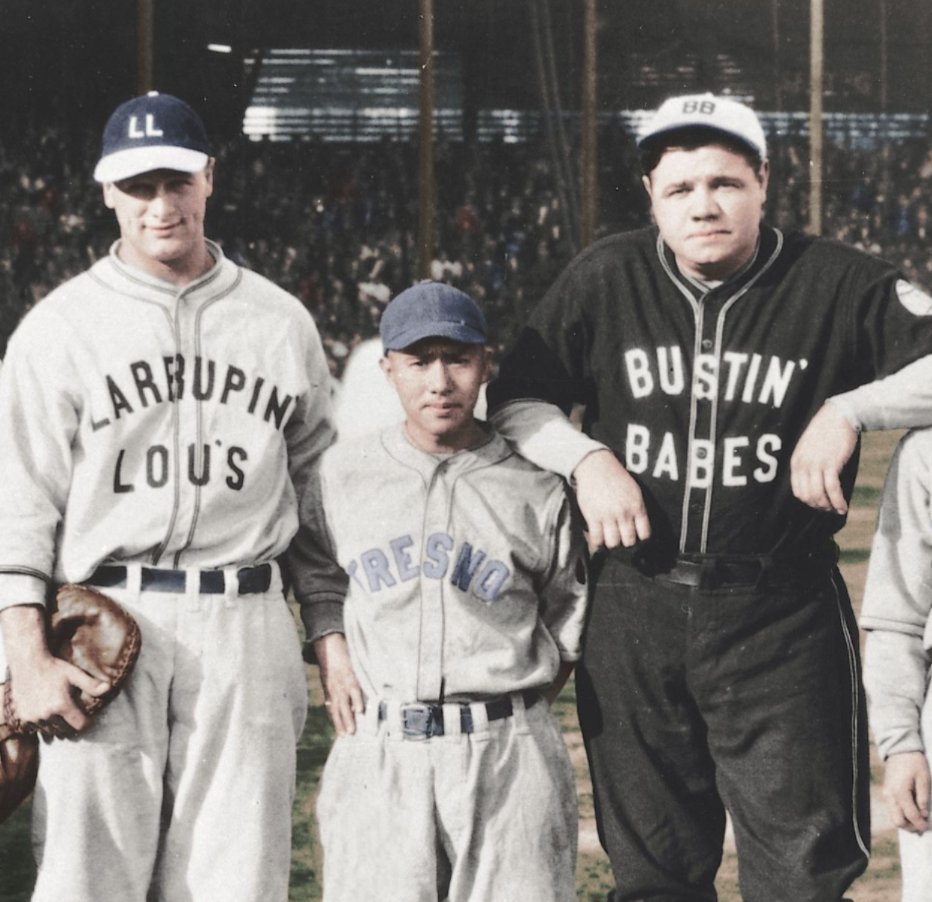 He developed a relationship with Babe Ruth, when Ruth and Gehrig played against Zenimura's team on a Barnstorming tour in '27.That led to Zenimura organizing Ruth's 1934 tour of Japan.Here's a photo of him next to Ruth and Gehrig