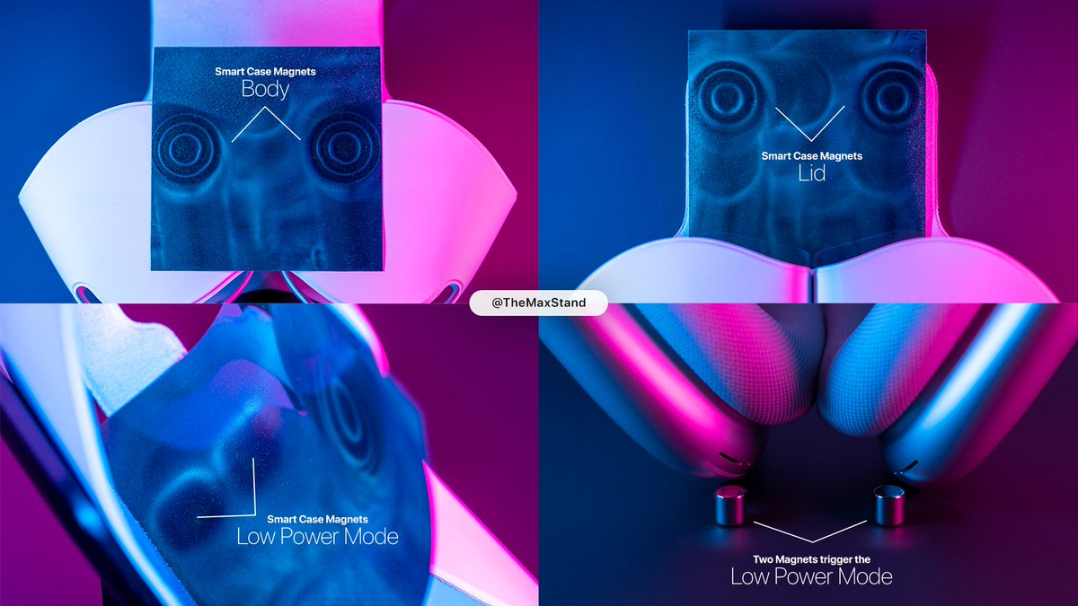 TheMaxStand's tweet image. Magnetic field viewing film reveals all magnets in the AirPods Max Smart Case. 4 that hold the lid in place and 2 special ones for triggering the low power mode. More interesting details in our article: medium.com/@themaxstand/w…

#AirPodsMax #BatteryDrain #SmartCase #LowPowerMode