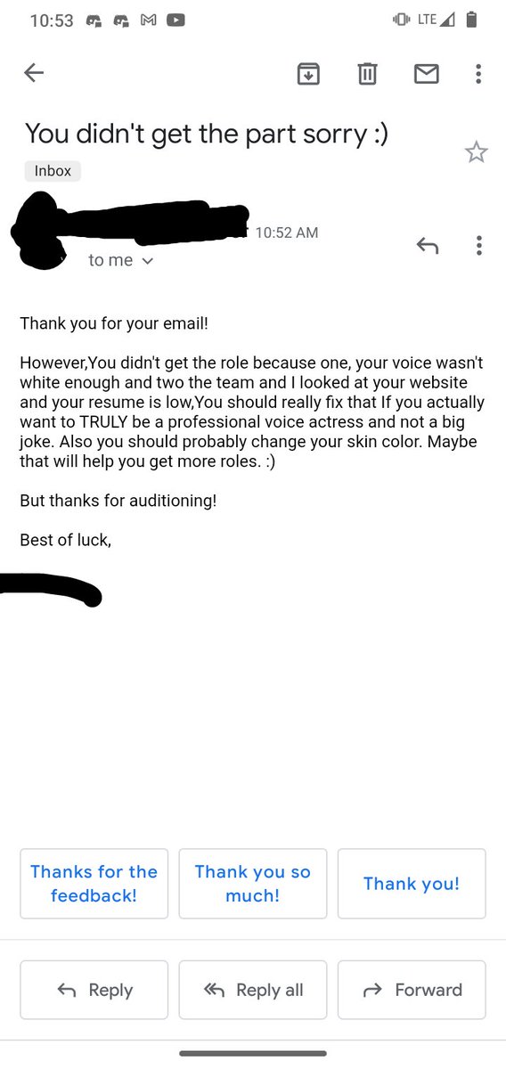 Do you guys think this is funny? No really do you guys think that this is actually funny ?! No one should ever get this kind of mail like this. Professional or not. Black or white no one should treat anybody like this. And for this, I'm taking a break. Because this hurts so bad. https://t.co/28ROUJbVkU