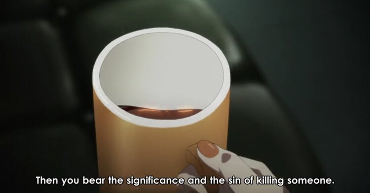 Is a indeed a sin that takes such a toll on a person that they can’t carry it alone. Shiki at the end of the film very easily could’ve become the murder she detests if Mikiya wasn’t by her side and said he would carry the sin in her stead.