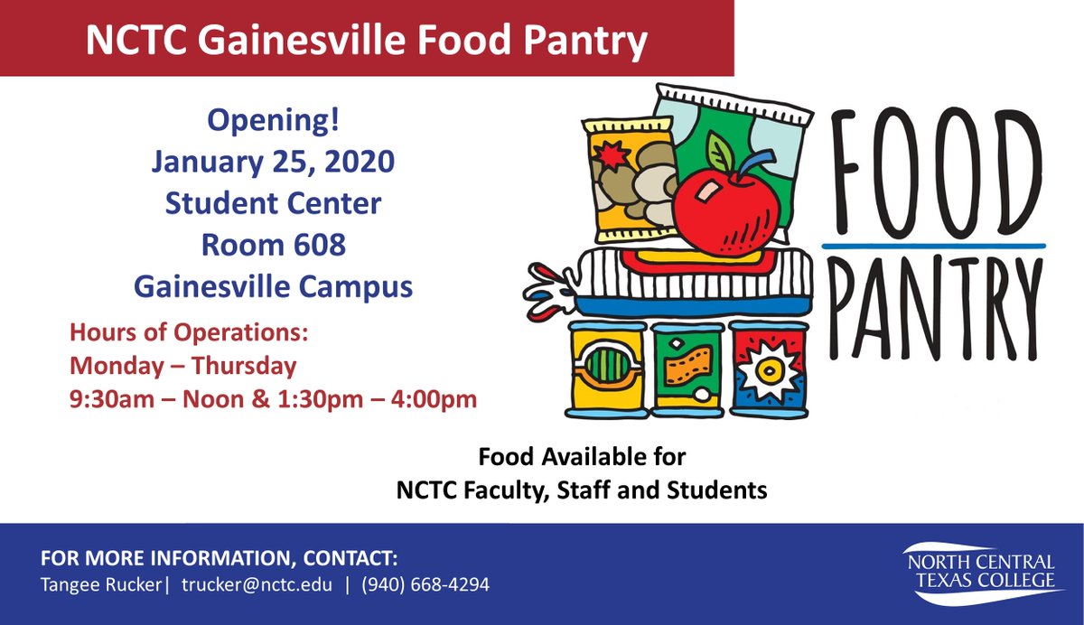 nctclions's tweet photo. The Gainesville Campus Food Pantry is OPEN! Come get what you need, in the 600 Building. Donations are also being accepted, so contact Tangee Rucker (trucker@nctc.edu) for a time to drop off donations! #foodpantry #freefood #NCTC #community https://t.co/aG4FoWhBvQ