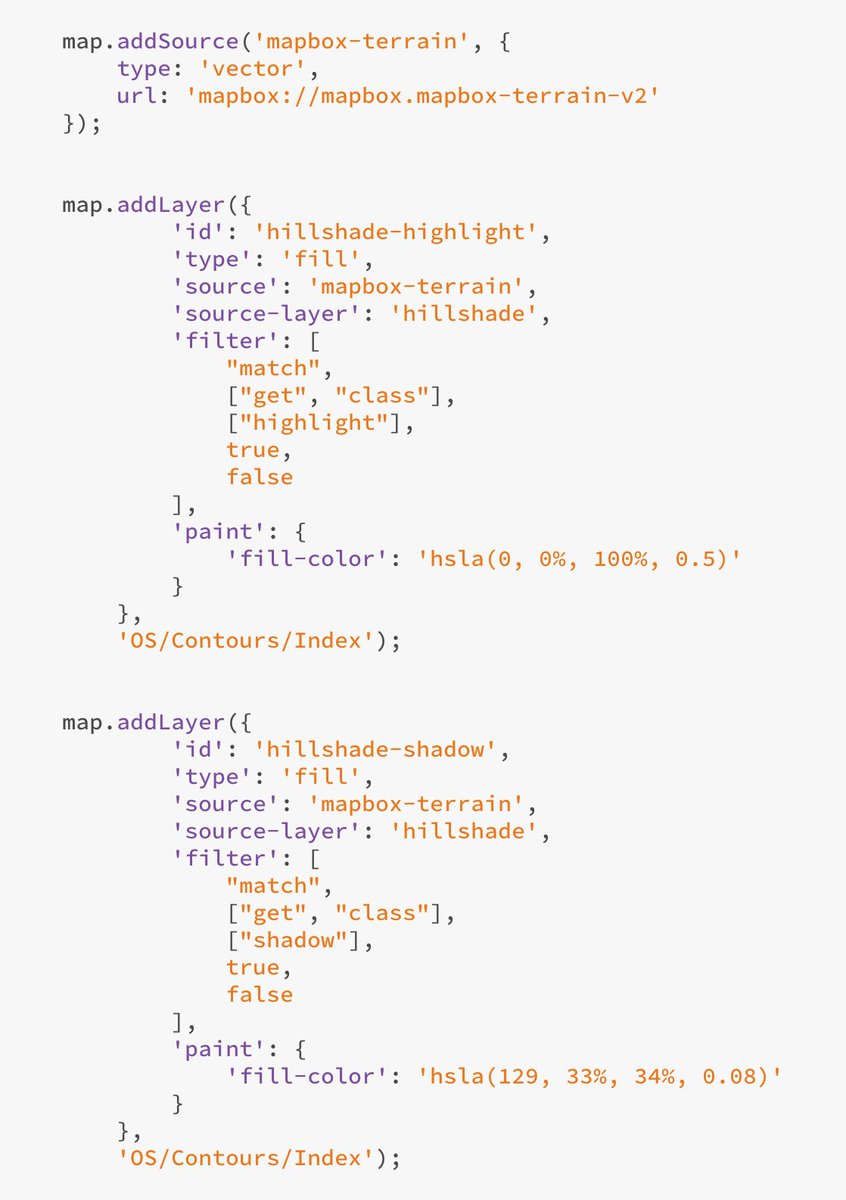 steveattewell's tweet image. 1/3 If you&apos;re going to use a flat-colour basemap (like @OrdnanceSurvey Vector Tile API) with @mapbox&apos;s new 3D Terrain it helps to add a bit of terrain shading - some pics without hillshade, with hillshade, and some code are attached. #OSDevelopers