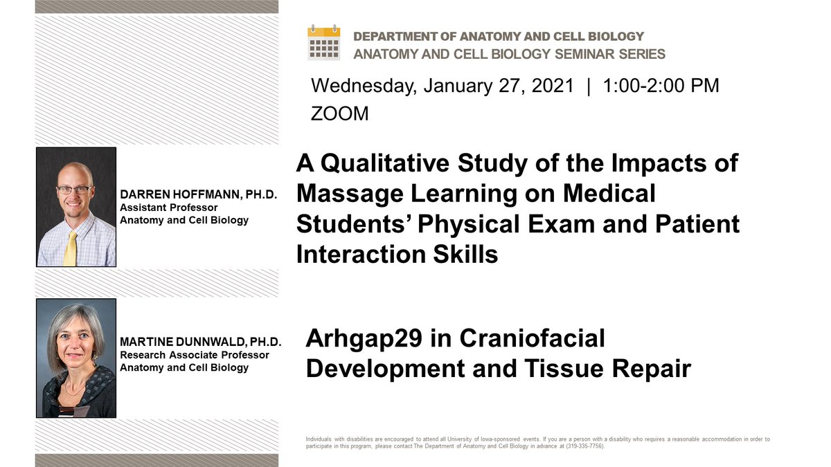 UIowaACB's tweet photo. Anatomy and Cell Biology Departmental Seminar
Wednesday, January 27, 2021; 1:00 pm, via Zoom
Darren Hoffmann, PhD, and Martine Dunnwald, PhD, to present.
#UIowaACB #UIHealthcare #IowaMed #UIowa
@IowaMed @uihealthcare @uiowabiomed https://t.co/uEwHAt0jJR