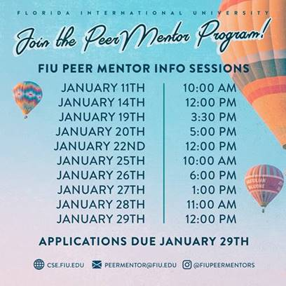 Let your passion take flight and apply to be a peer mentor today! The peer mentor program allows students to help freshman on their journey to adjusting to campus life. Make sure to attend one of their info sessions before applying. @FIUCSE #FIU #FIU24 

fiu.campuslabs.com/engage/organiz…