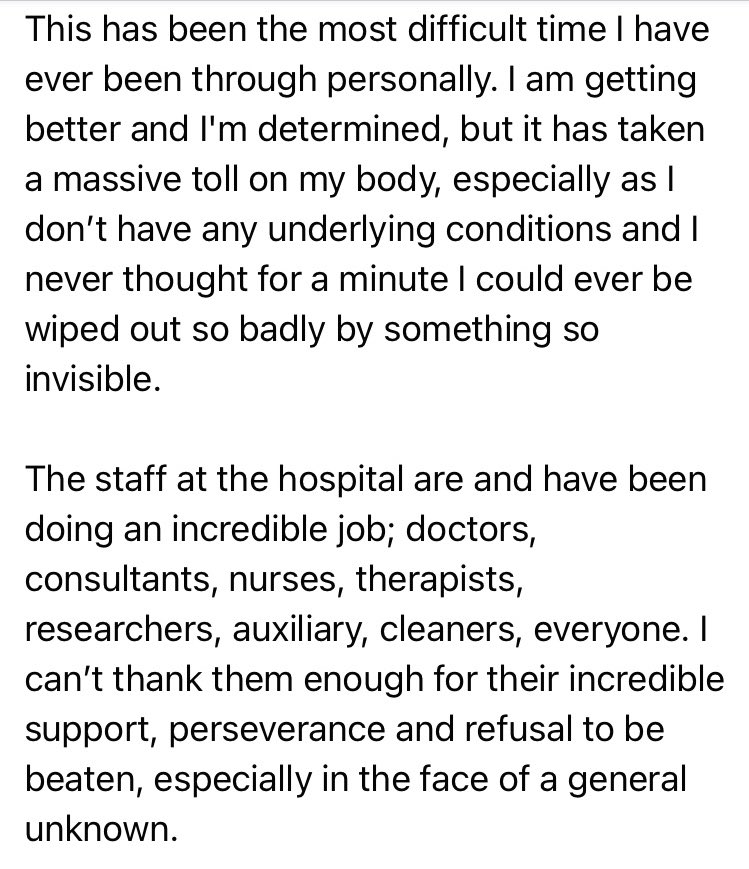 An otherwise healthy friend of mine is currently on G5 Ward at @UHSFT. He wrote a long and detailed description of his experience on Facebook to raise awareness of the symptoms and effects of #COVID19 & he allowed me to share this extract: