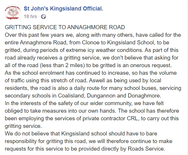 DarranMarshall's tweet photo. A primary school in Co. Tyrone has resorted to hiring a private contractor to grit part of a key road to the school.   

In a Facebook post, @KingsislandPS says that "in the interests of the safety of our wider community, we have felt obliged to take measures into our own hands". https://t.co/ExIlOj16Wk