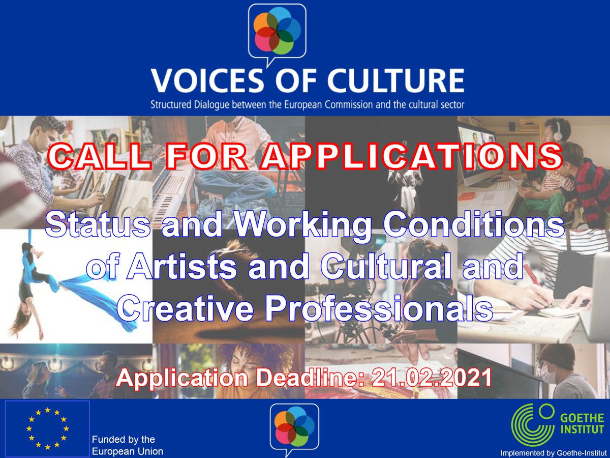 vofculture's tweet photo. New Call for Applications on Status and Working Conditions of Artists and Cultural and Creative Professionals!

Share your organizations's input with the @EU_Commission on two workshops in April and June 2021!

Apply until the 21st of February. 

https://t.co/tYqkSFtUup https://t.co/fGYPB9QUzv