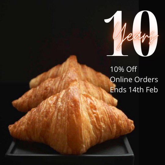 Can you believe it?
10 YEARS!!

10 years ago Ben started the business with the goal to make the best croissant in London. That goal remains the same. 

To celebrate and thank our customers for your amazing support, we are offering 10% off for all online orders until 14/02/21.
