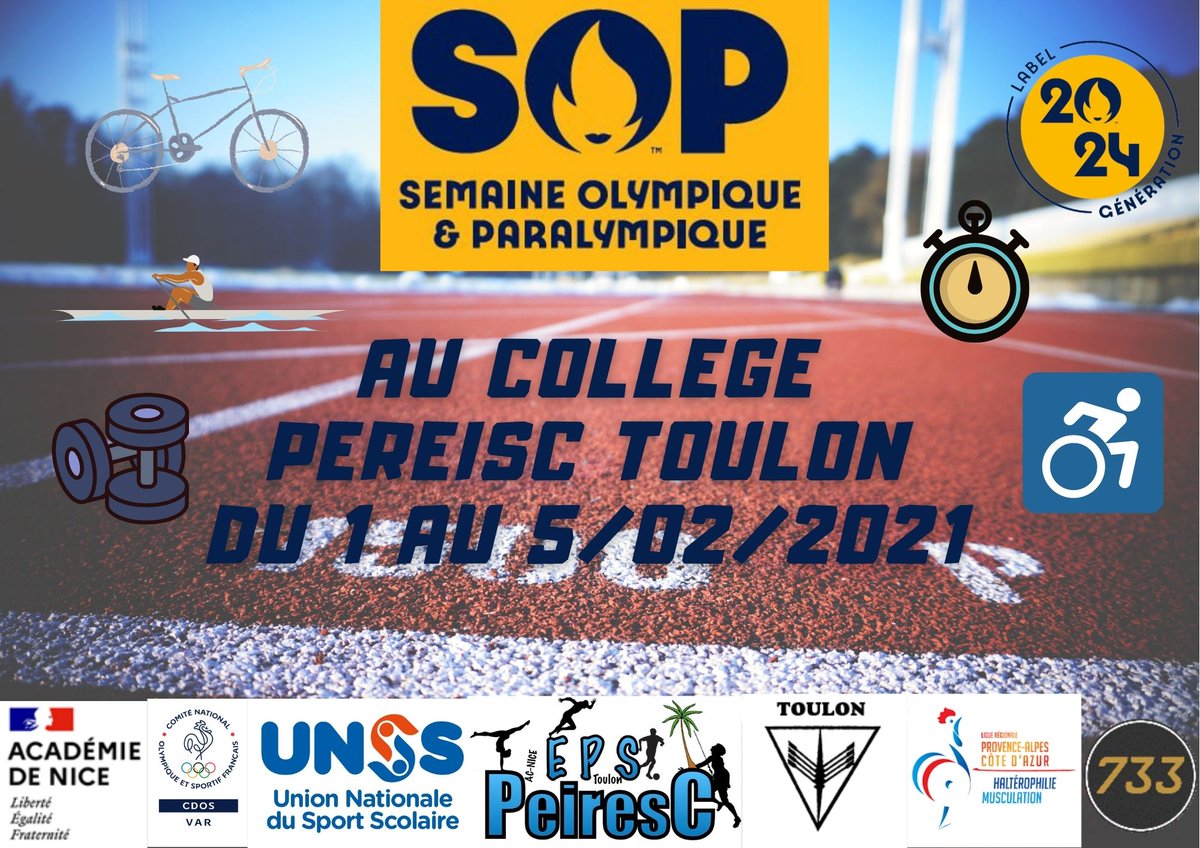 Unss_Nice's tweet photo. J-7 avant le lancement de la #SOP tous les établissements @generation2024  mobilisés de l'@AcademieNice dont le @COLLEGEPEIRESC @VilleDeToulon avec le soutien du @CROSregionsud @CDOS83 et @UnssNice @unss.
Une semaine d'activité sportive dehors si la météo le permet!😀 https://t.co/niMvu0i8C9