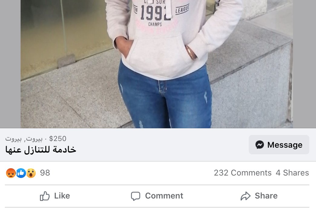 A man called Bibo Chhadi on FB just posted this picture putting a woman for sale because he can't pay her salary in $, due to the situation in Leb. I blurred the woman's face for ethical reasons. 

This is human trafficking. 

@LebISF @EgnaLegnaDWU @KAFALebanon