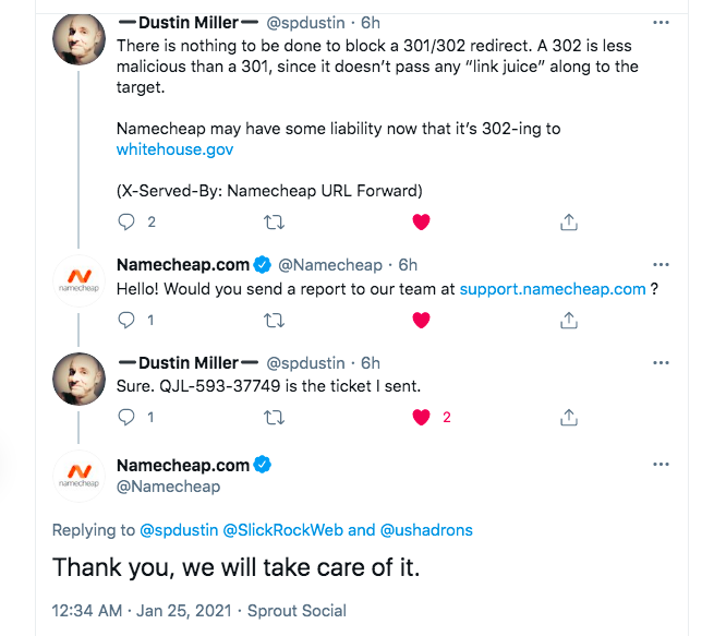 BREAKING: Good news  @namecheap has indicated to  @spdustin that they will take action on the unauthorized & malicious forwarding of the Antifa(.)com domain to the  @POTUS Whitehouse(.)gov via a headerless 302 redirect  @CISAgov
