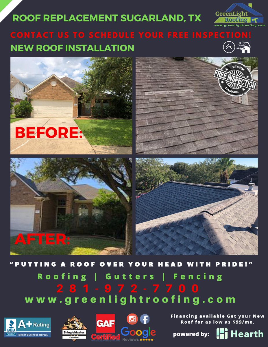 GreenLightRoofs's tweet photo. Roof replacement work in Sugar land area. The roof had some aging (10+ years old) issues, missing shingles, and extensive granule loss.

#roofer #roofingcontractors #roofingcompany #roofreplacement #roofrepair #houston #houstontx #newroof #roof #roofing #sugarlandtx #USA https://t.co/QRGmp0jBNZ