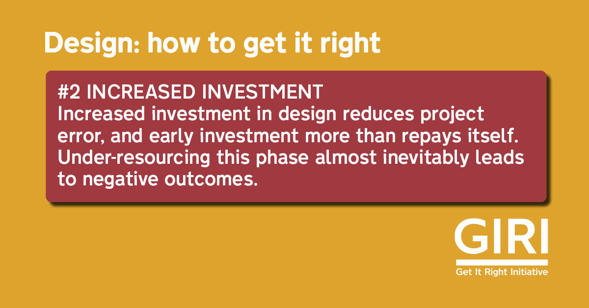 Recommendation No. 2: invest in design to reduce project error.Read the full report:  https://bit.ly/3slJf4A  #construction  #getitright