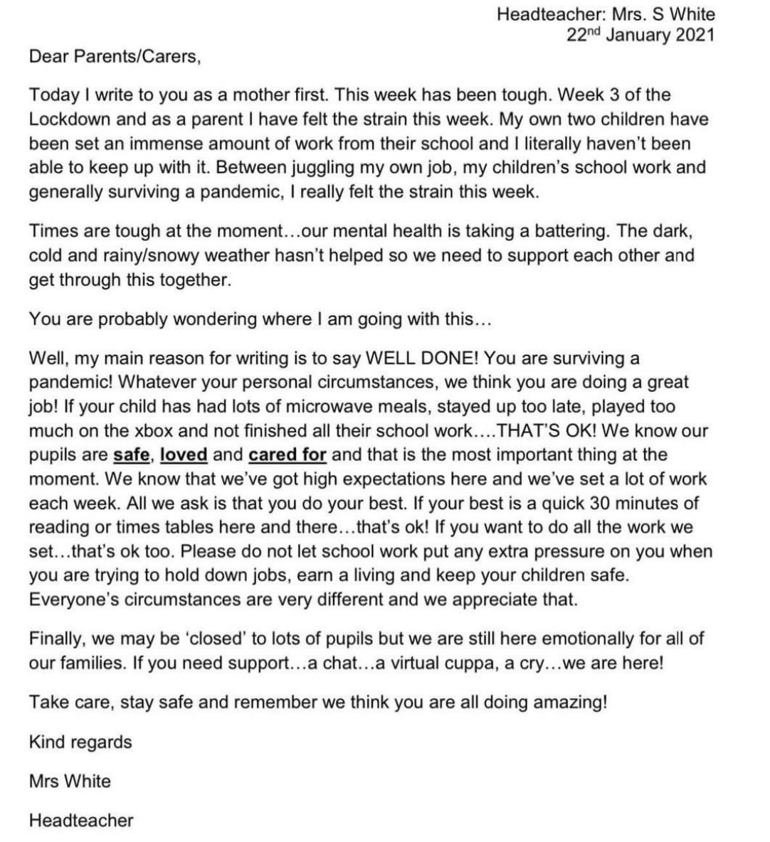 For anyone that needs to hear it...as many go into their fourth week of homeschooling - this letter from a Lancashire headteacher has been widely shared and praised on social media ♥️👏
<a href="/CoatesLaneSch/">Coates Lane</a>