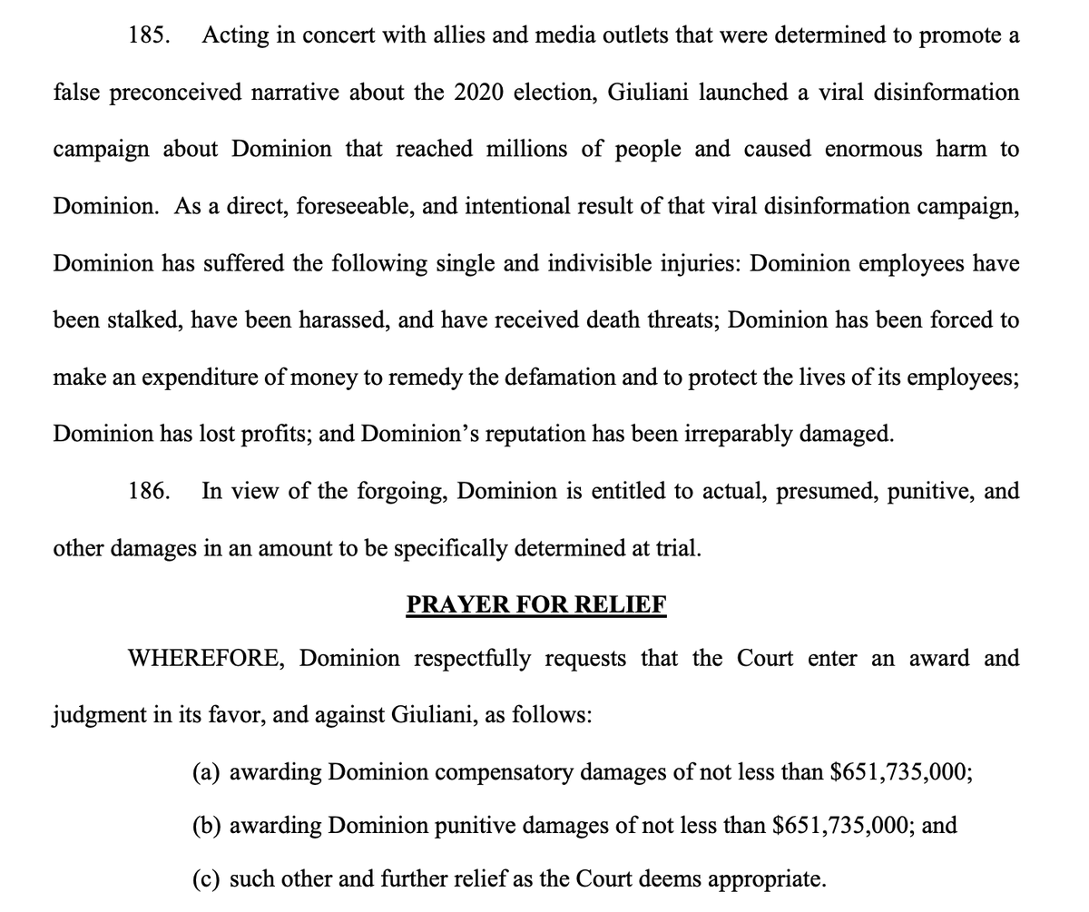 ZoeTillman's tweet photo. Here's the defamation lawsuit that Dominion Voting Systems filed this morning against Rudy Giuliani: https://t.co/Wx4UQbK4xf

"...Giuliani launched a viral disinformation campaign about Dominion that reached millions of people and caused enormous harm to Dominion" https://t.co/xRGbSjXhOu