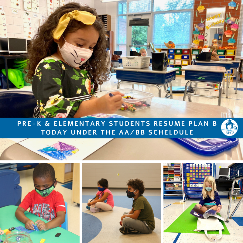 NewHanoverCoSch's tweet photo. We are glad to be welcoming our Pre-K & Elementary students back into our buildings this morning. Students will resume under Plan B AA/BB schedule. #nhcschat #nhcsreadysetreturn https://t.co/3LMfS19jfG
