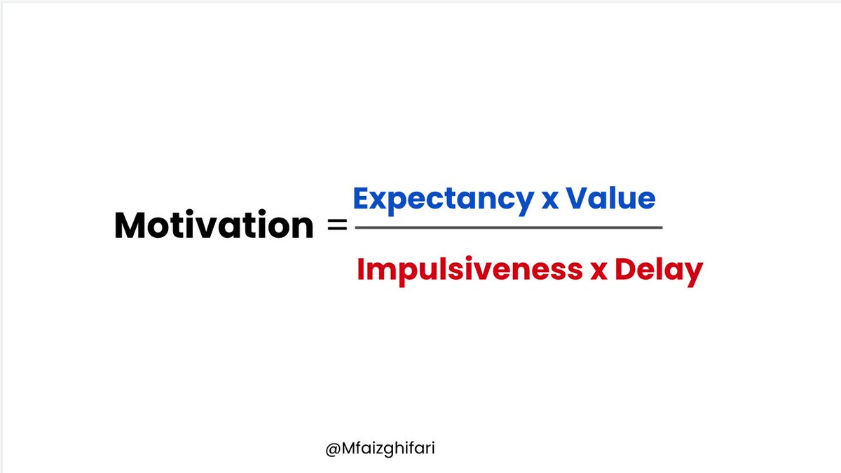 Salah satu pertanyaan yang sering aku dapet adalah, "Gimana sih caranya punya motivasi untuk ngerjain sesuatu?"

Untuk ngejawab pertanyaan itu, aku pingin kenalin rumus yang bisa bikin kamu termotivasi, yaitu:

 Motivation = (Expentancy*Value)/(Impulsiveness*Delay)