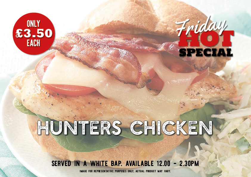 FRIDAY HOT SPECIAL this week - The classic HUNTERS CHICKEN, served in a white bap.

Only £3.50 each.

#bonners #bonnersofilminster #bonnersthebutchers #butchershop #supportlocal #ilminster #shoplocal #fridayhotspecial
