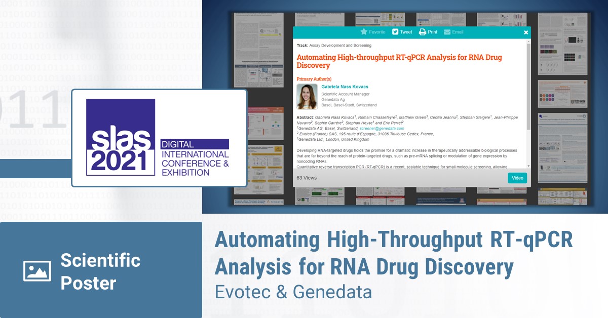 JimenezOrgaz's tweet photo. Do you perform HT RT-qPCR? If you attend #SLAS2021 this week, have a look at this poster https://t.co/2cP9DAXGUX and chat with my colleague Gabriela Nass Kovacs!

#DigitalizingBiopharma #DrugDiscovery #RNA @Evotec @Genedata https://t.co/Z1F6aIPOGT