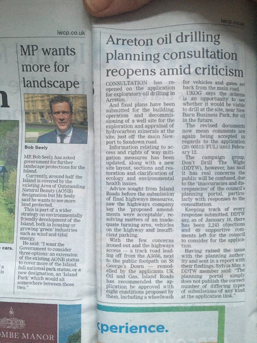 DontDrillWight's tweet photo. Did you miss this in the @iwcponline 👀 Report on the re-opening of public comments for revised exploratory oil wellsite plans at Arreton RIGHT next to Bob Seely's call for more landscape protection for the #IsleofWight. Let's hope it won't be too late...

Thanks to Daisy Bee 📷 https://t.co/OSgZjfA8t3