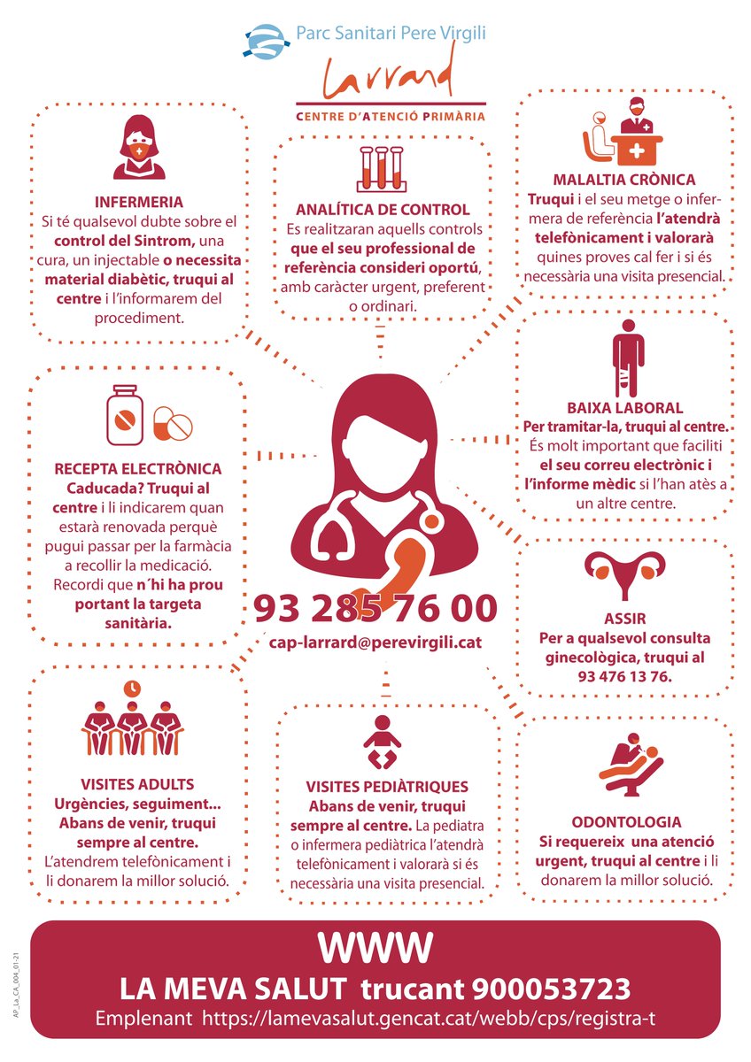 perevirgilicat's tweet photo. 👨‍👧Tens una consulta pediàtrica?
💊T'ha caducat la recepta electrònica?
🏥 Abans de visitar el #CAPLarrard, informa't dels serveis que prestem de forma presencial👩‍⚕️ i de l'atenció sanitària que oferim en línia 💻 o per telèfon📞 https://t.co/w6quYasrQX