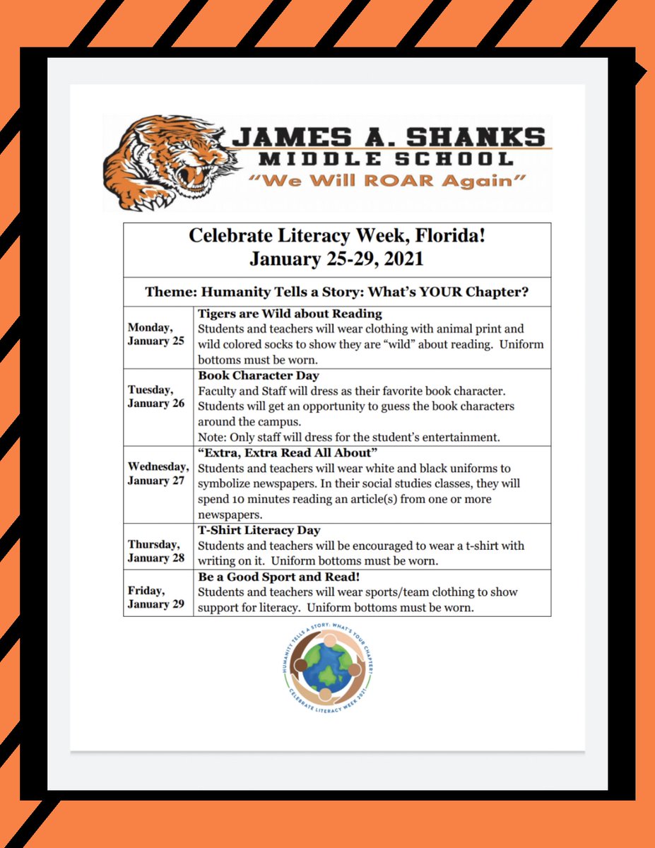jasmsofficial's tweet photo. Happy Monday!!
This week we are celebrating Literacy Week!! Join us for a week filled with exciting activities!! #JamesAShanksMiddleSchool #Jasmsofficial #LiteracyWeek  #FLCelebratesLiteracy https://t.co/pXwI5ZjRqr
