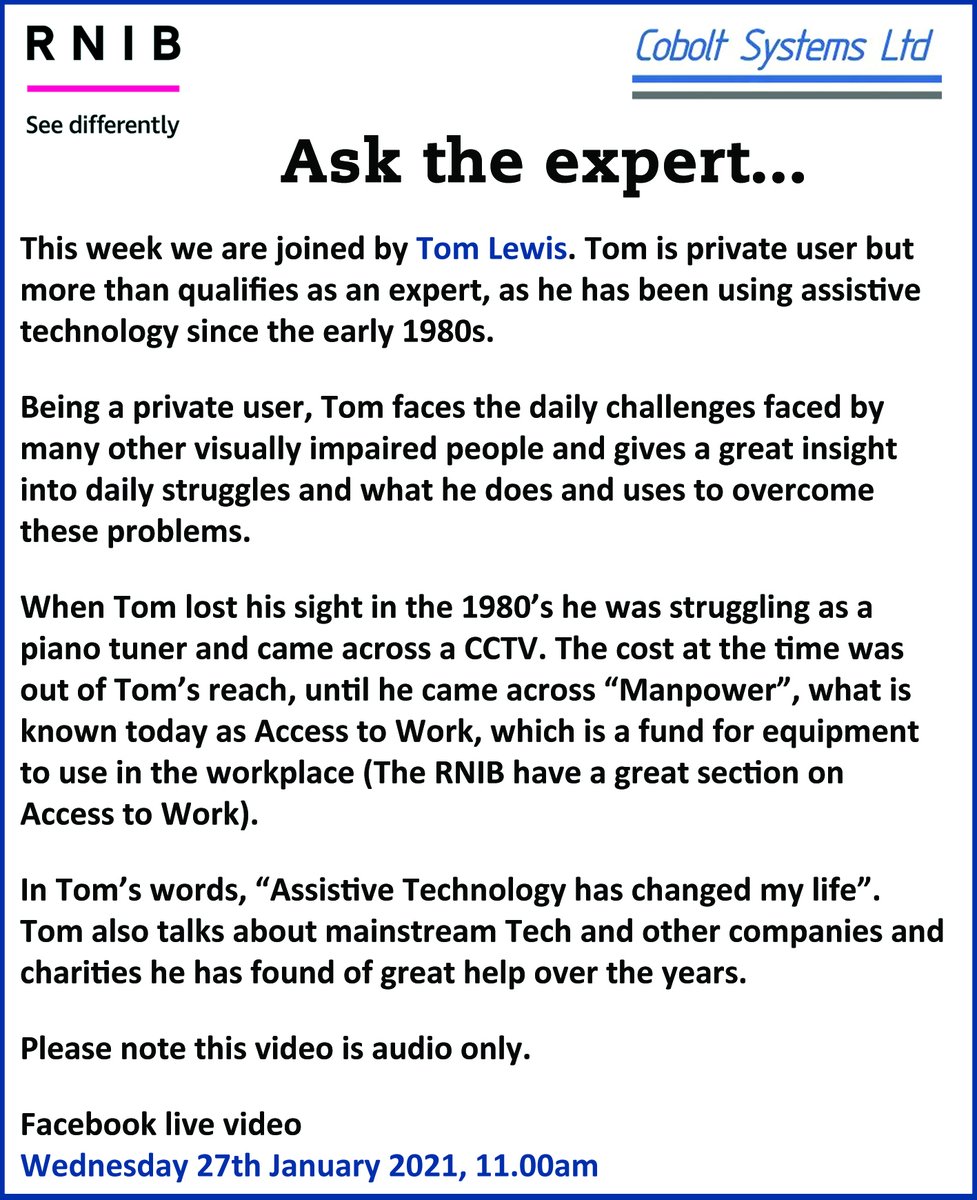 OptelecUK's tweet photo. Next '#AskTheExpert' we are joined by Tom Lewis, a private user &amp; #AssistiveTechnology lover since the 1980s. 

We talk to him about the daily challenges he faces as a #PartiallySighted person &amp; more! Weds 27th Jan, 11AM. https://t.co/OyVZSTThmI

#VisuallyImpaired  #Blind #VI https://t.co/sTJrr471eT