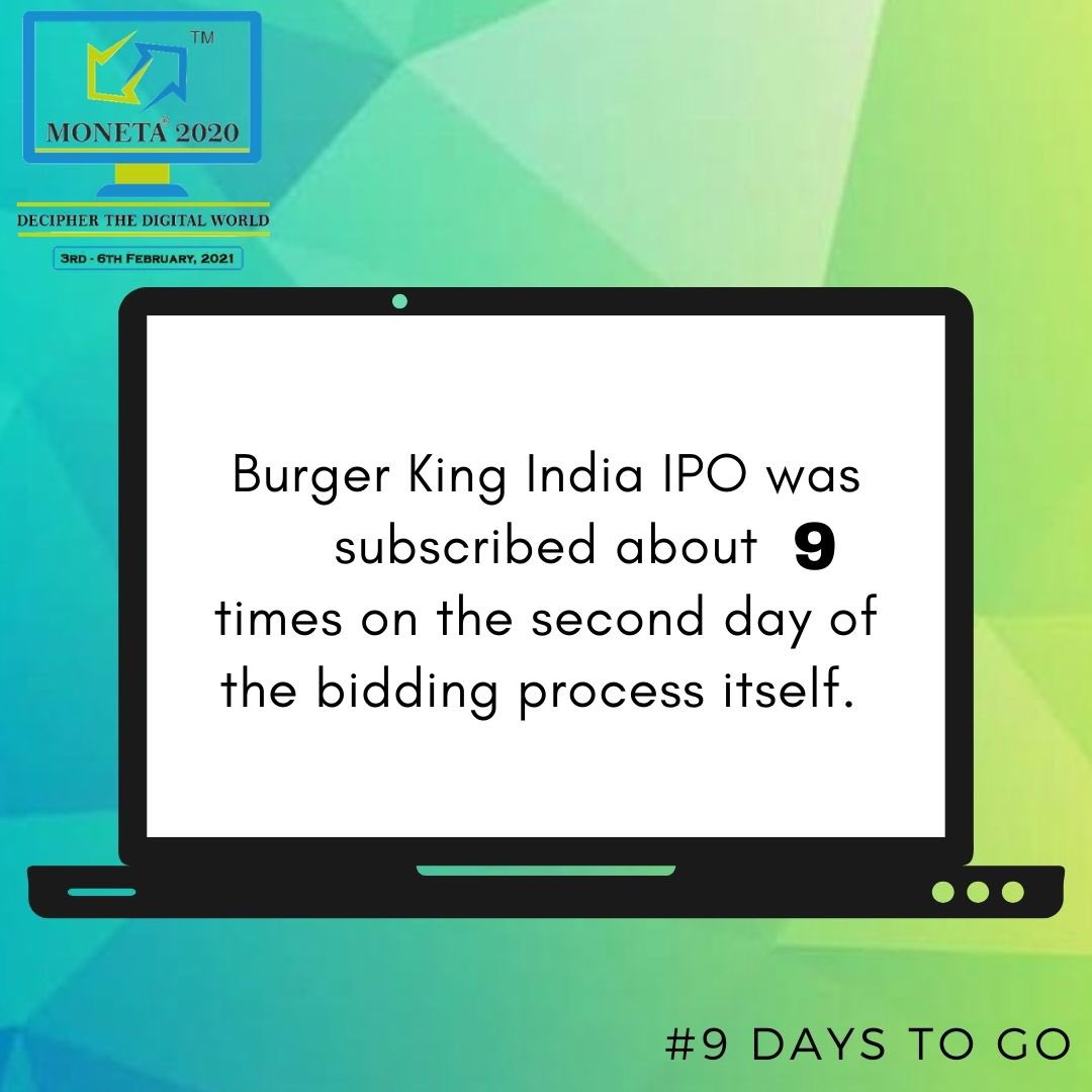 MonetaPodar's tweet photo. Did you know? 

Burger King India limited 🍔 is one of the fastest growing international quick service restaurant chains in India. The Burger King IPO open date was Dec 2, 2020,close date was Dec 4, 2020.The IPO received good participation &amp; was subscribed 9 times. #9daystogo https://t.co/HJaHrhy4cN
