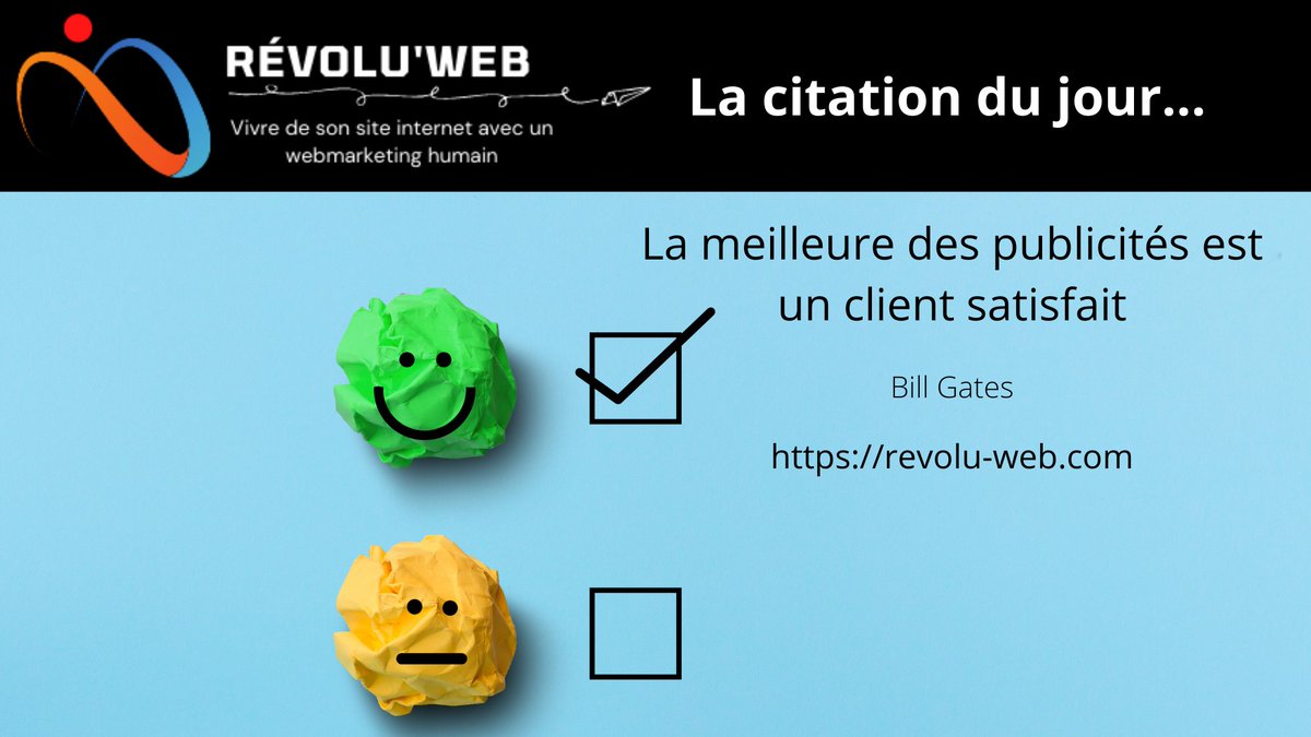 WebRevolu's tweet photo. ✅ Il n'y pas de secret ! La satisfaction de vos clients se doit d'être une priorité ... Et si le produit est de qualité, que vous apportez plus qu'attendu et aidez vraiment vos clients : Votre projet ne peut qu'aboutir ;) 👉 Pensez à liker et partager ... 

#citation https://t.co/oAXBeFOwgE