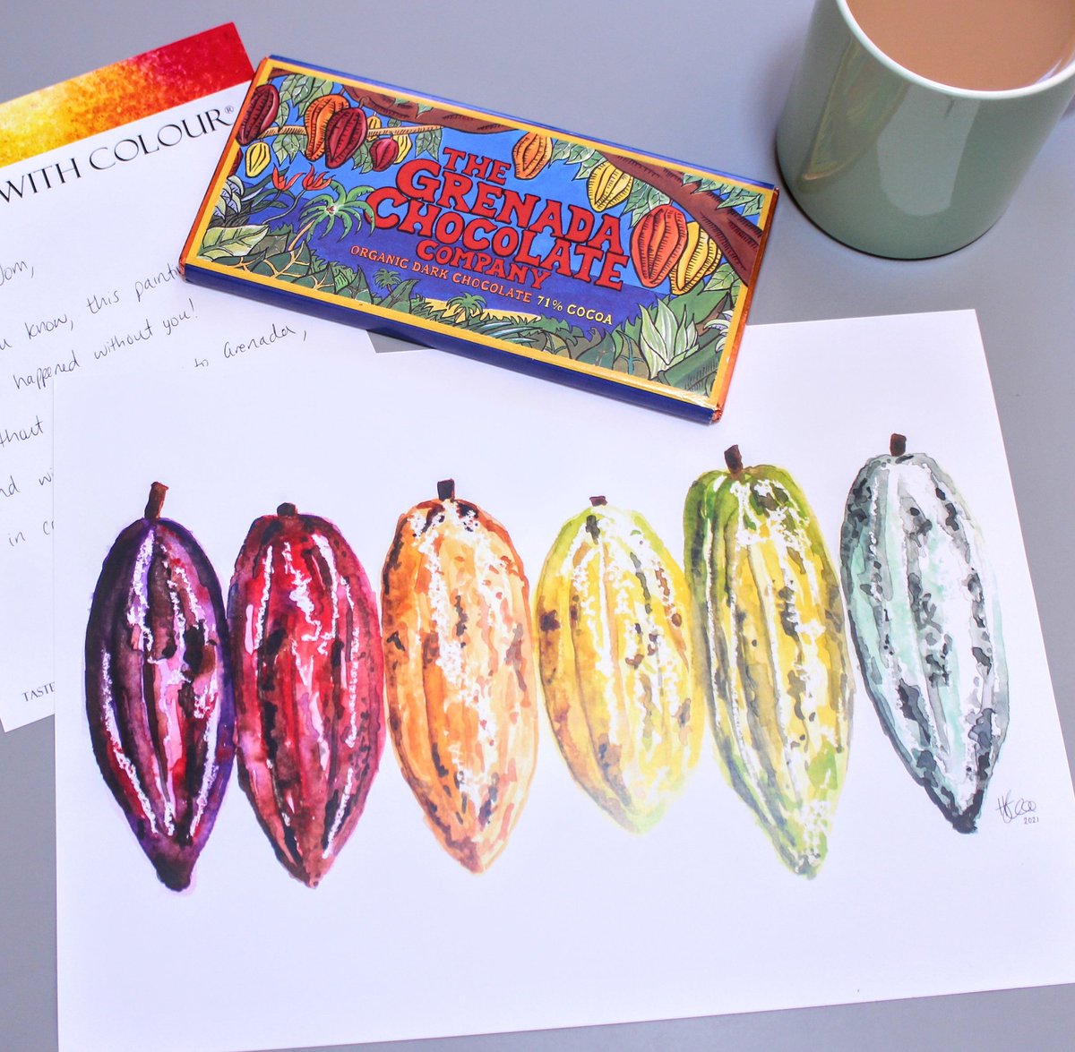 Look at this beautiful cacao pod print, an unexpected gift from the artist, my friend <a href="/hazel_choc/">Hazel Lee</a>. They're available on her Taste With Colour website.  The 2007 vintage <a href="/GrenadaChocolat/">Grenada Chocolate Company</a> bar is my own. 🙂
