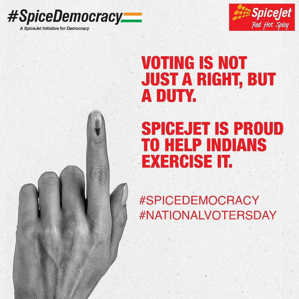 flyspicejet's tweet image. Last year, as part of #SpiceDemocracy campaign, we helped numerous Delhiites fly home and exercise their right to vote. We were overwhelmed by the outpouring of support and participation, and are committed to continue serving Indian democracy as best as we can.
#NationalVotersDay