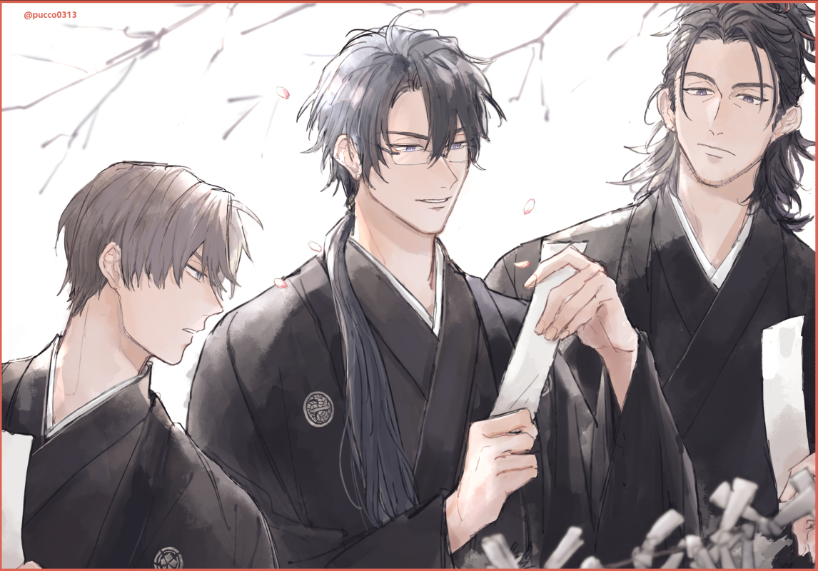 multiple boys male focus japanese clothes black kimono glasses 3boys brown hair  illustration images