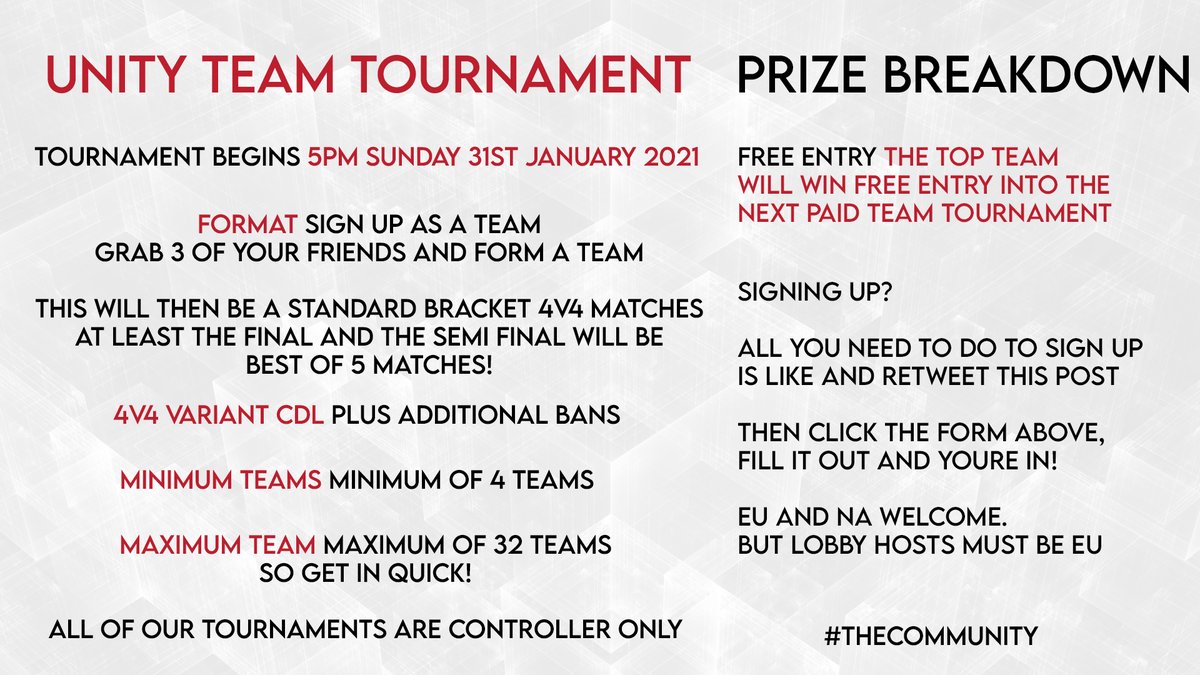 Unity_Org's tweet image. TOURNAMENT ANNOUNCEMENT!

Lots of you guys have asked for it! Please check the new day and start time!

This one, totally free to sign up. All you have to do is like and RT this post and complete the form below!

forms.gle/vof4Xy15V8XYv4…

All other information below

#TheCommUnity