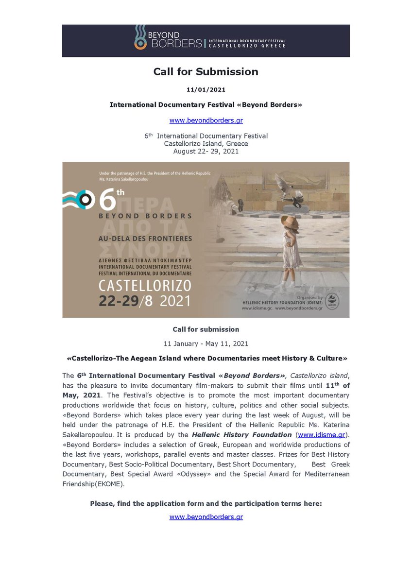 Il 6 °Festival Internazionale del Documentario di #Kastellorizo "Beyond Borders" invita i registi di documentari ditutto ilmondo a partecipare nell'edizione2021."Kastellorizo-Dove il documentario incontra lastoria e lacultura" SCADENZA PRESENTAZIONE CANDIDATURE: 11 MAGGIO 2021 https://t.co/1EPy3VWxxl