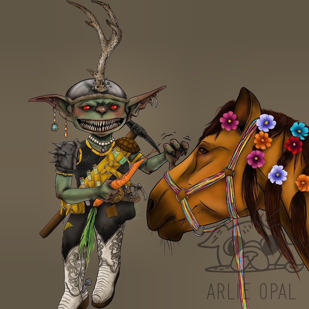 Arlie_Opal's tweet photo. And the final! Client was super happy! She  was able to bring Pidge to life through my doodlins' 💖 A #commissioncomplete #goblin #goblinlife #arlieopal #art #artistinquarantine #artlistlife #pathfinder #pathfinderrpg #goblin #dndart #dndlife #characterdesign  #procreate https://t.co/xfQTbgPsSB
