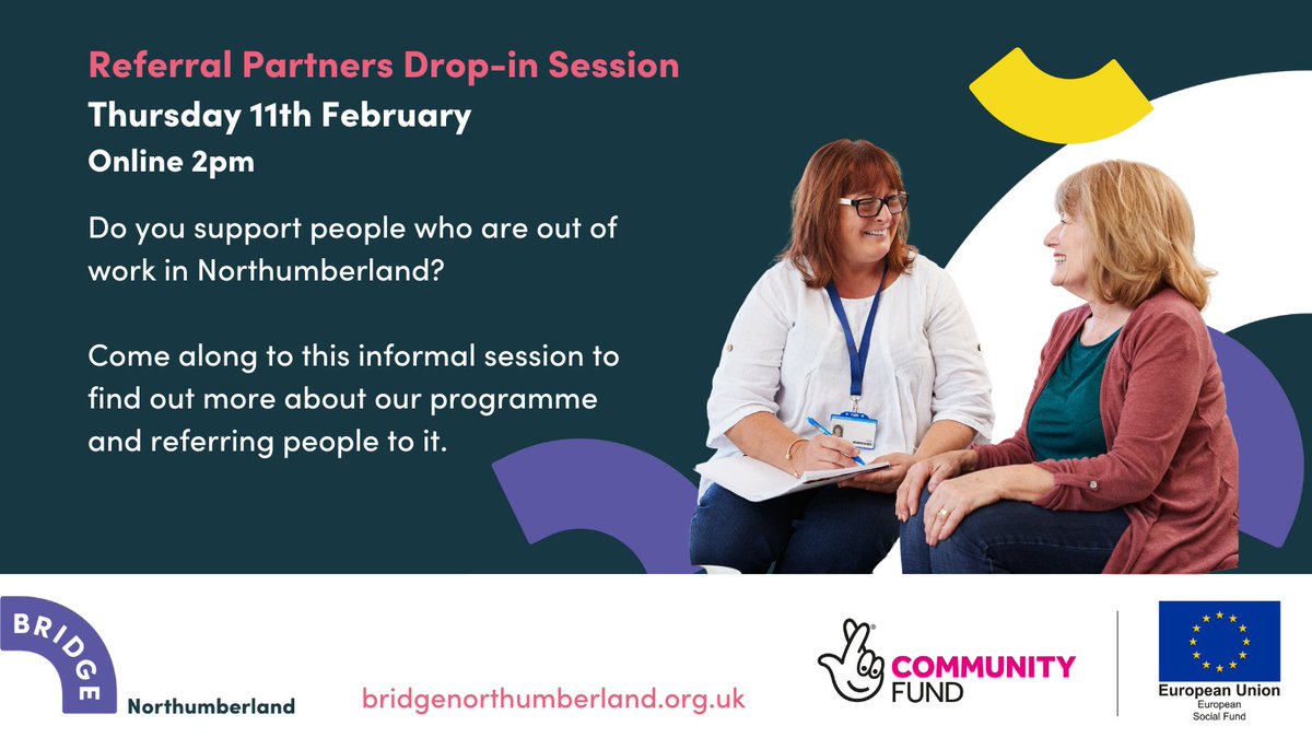 🗓 Event: Referral Partners drop-in session - 11 Feb

Do you support people in Northumberland out of work and face barriers to returning?
This Zoom session is for those who may refer people into Bridge Northumberland and a chance to find out about us:
bridgenorthumberland.org.uk/news/referral-…