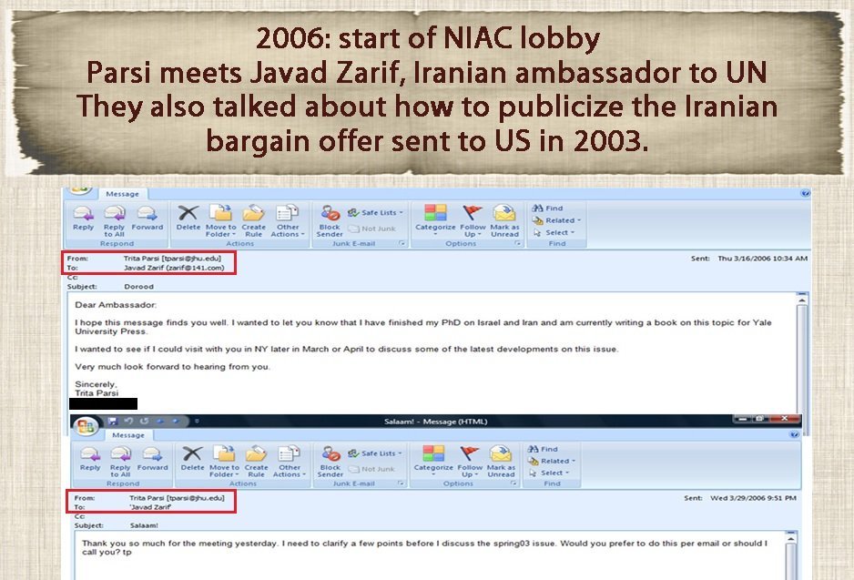 7)A court hearing shed light on emails from 2006 between Parsi & Zarif, then Iran’s ambassador to the UN. http://www.iraniansforum.com/index.php/factbook/384-parsi-and-zarif.html Parsi has a history of exchanging emails with Zarif.Here are just four examples.