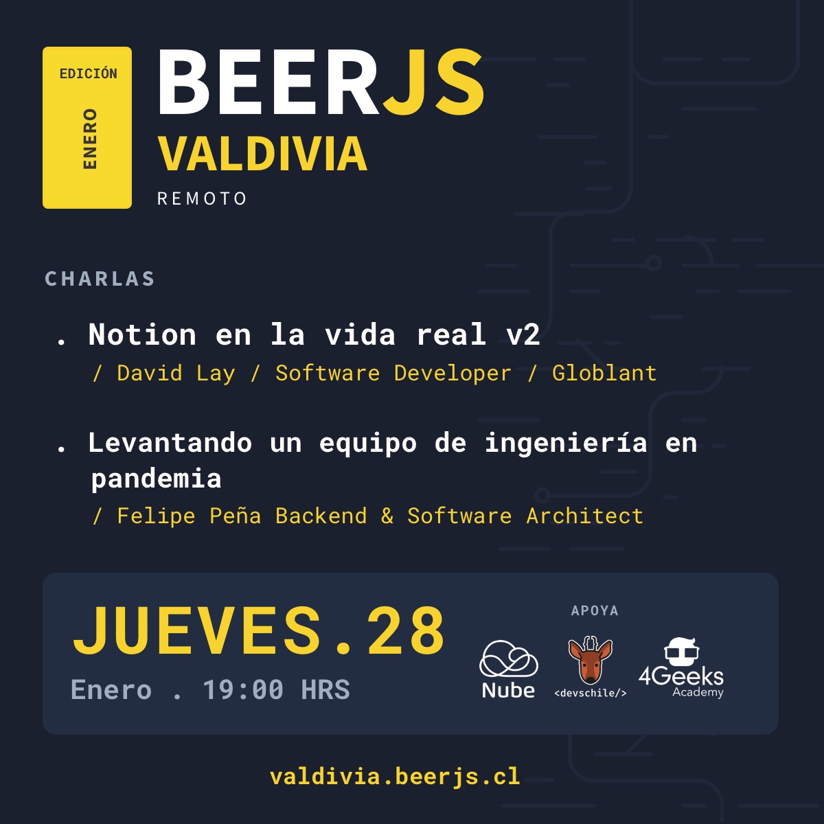 valdivia.beerjs.cl

Este jueves 28 a las 19 hrs, nos vemos en una nueva edición de BeerJS Valdivia 🤓🍺