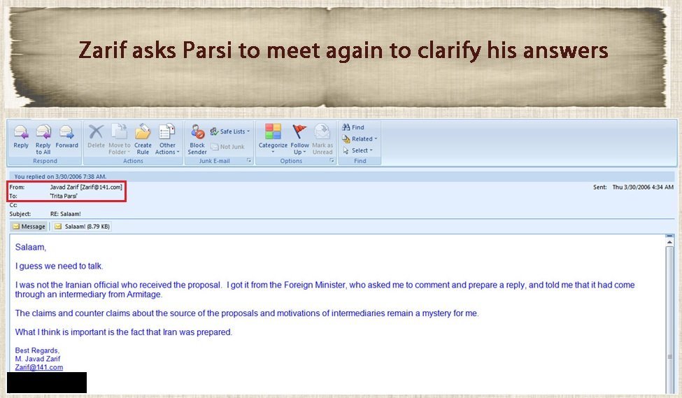 7)A court hearing shed light on emails from 2006 between Parsi & Zarif, then Iran’s ambassador to the UN. http://www.iraniansforum.com/index.php/factbook/384-parsi-and-zarif.html Parsi has a history of exchanging emails with Zarif.Here are just four examples.