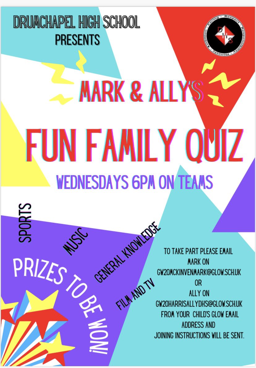 🚨Join us on Teams 🚨Mark &amp; Ally’s Fun Family Quiz - Wednesdays at 6pm PRIZES TO BE WON! Details below (please RT) <a href="/drumchapelhigh/">Drumchapel High</a> <a href="/AllyHarris12/">Ally Harris</a> <a href="/jamie57539237/">Jamie Duncanson</a> <a href="/drumchapelhipc/">drumchapelhigh pc</a>