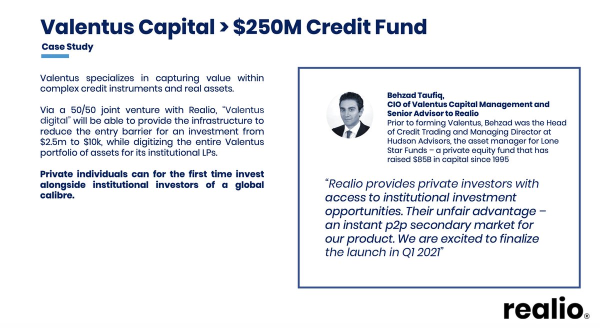 Partnerships: Joint venture with Valentus Capital Management (U.S. investment firm) to give everyday investors access to institutional-grade investmentsReuters:  https://www.reuters.com/article/usa-blockchain-privateequity/update-1-us-firm-valentus-to-raise-capital-for-credit-fund-via-digital-currency-sale-idUSL2N2GK2BM4/