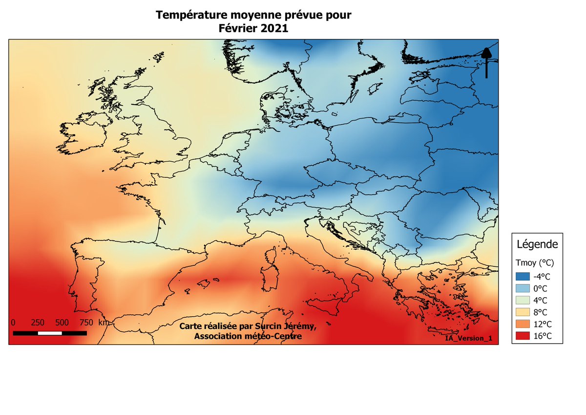 Pticumulus's tweet photo. Les prévisions pour février 2021 prévu par l’IA du 13 novembre (date de la dernière simulation). Température prévue entre -0.08°C (version n°1) et -0.19°C (version n°2). Côté précipitation nous seront dans la normale entre +3% (version n°1)  et +10.5% (version n°2) sur la France. https://t.co/mn6kooCYd3